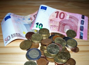 Euro bills and coins